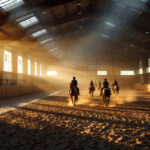 A photograph of a well-lit indoor riding arena showcasing the interplay of natural and artificial lighting
