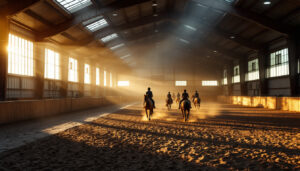 A photograph of a well-lit indoor riding arena showcasing the interplay of natural and artificial lighting