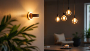 A photograph of a stylish modern lighting fixture that prominently features a 5 to 6-inch design