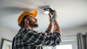 A photograph of a professional lighting contractor installing or inspecting an electrical junction box light fixture in a residential setting