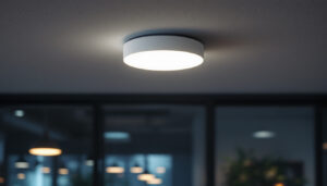 A photograph of a ceiling motion sensor installed in a modern commercial space