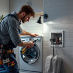 A photograph of a skilled lighting contractor expertly installing a washer dryer outlet adapter in a well-lit