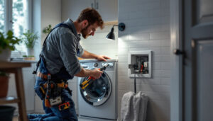 A photograph of a skilled lighting contractor expertly installing a washer dryer outlet adapter in a well-lit