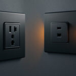 A photograph of a sleek black electrical outlet installed in a modern setting
