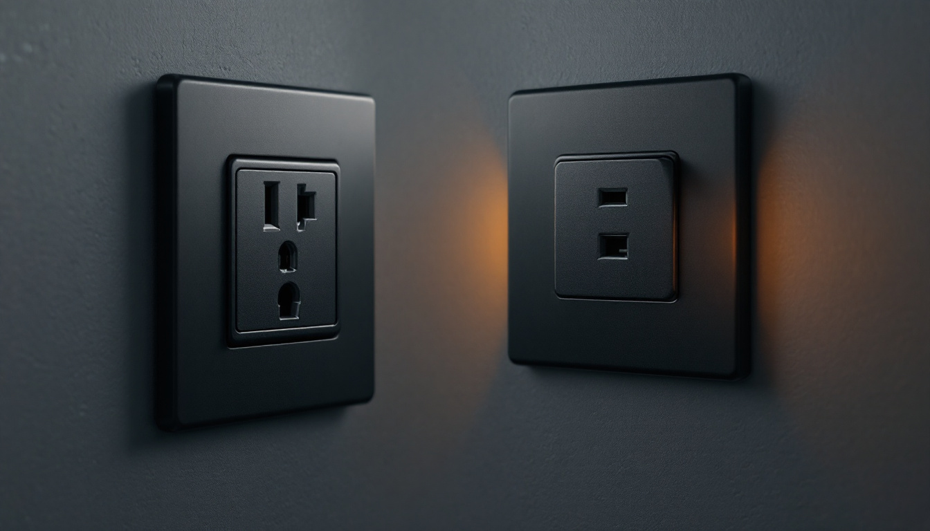 A photograph of a sleek black electrical outlet installed in a modern setting
