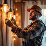 A photograph of a skilled lighting contractor installing led can light bulbs in a modern home setting