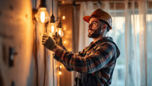 A photograph of a skilled lighting contractor installing led can light bulbs in a modern home setting