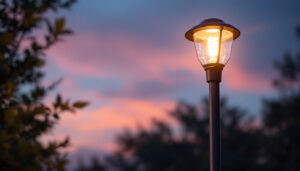 A photograph of a stylish lamp post with an energy-efficient led bulb illuminated at dusk