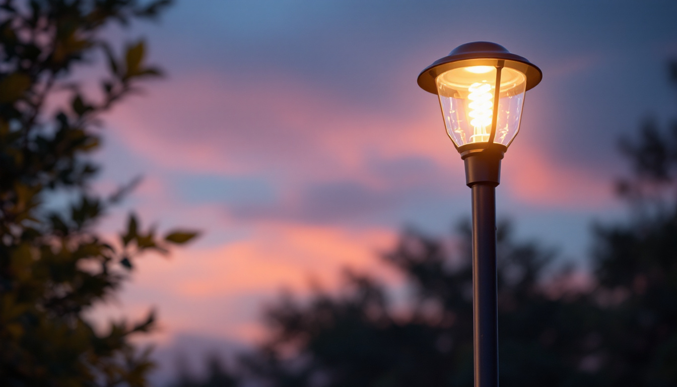 A photograph of a stylish lamp post with an energy-efficient led bulb illuminated at dusk