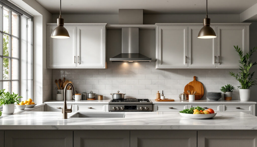 A photograph of a beautifully designed kitchen featuring stylish overhead lighting fixtures that highlight the space