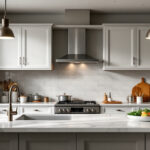 A photograph of a beautifully designed kitchen featuring stylish overhead lighting fixtures that highlight the space