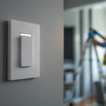 A photograph of a close-up of a standard light switch in a well-lit room