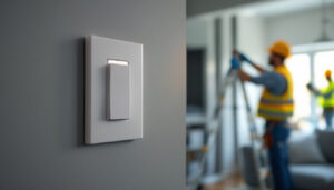 A photograph of a close-up of a standard light switch in a well-lit room