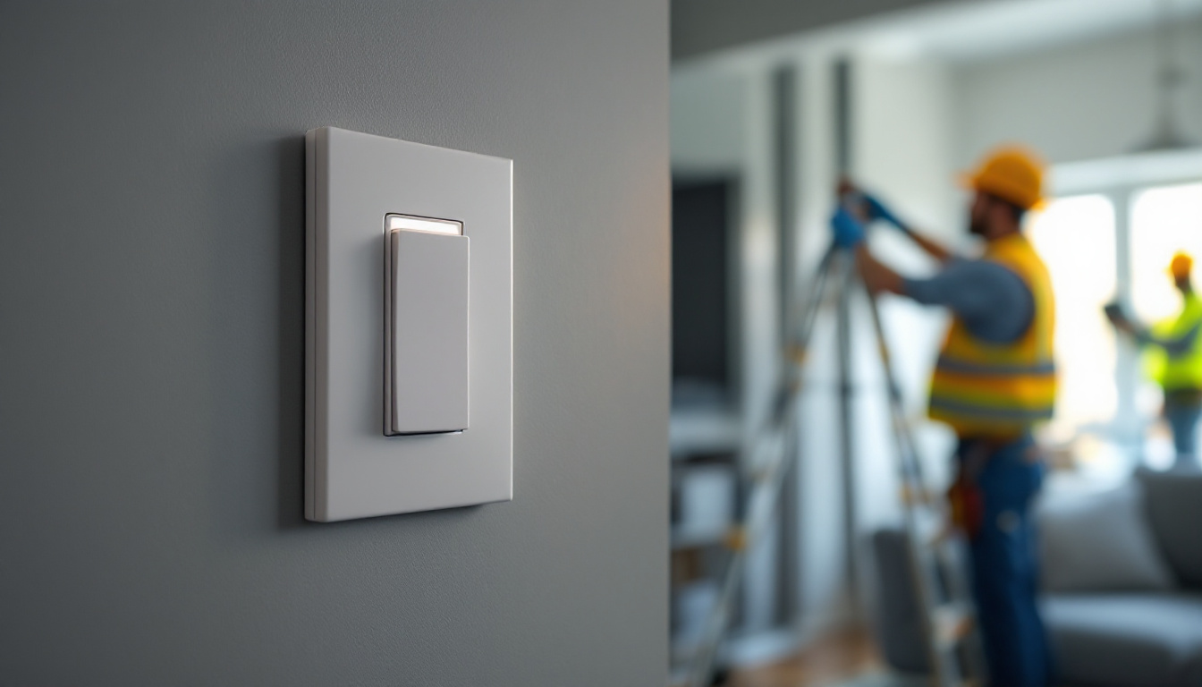 A photograph of a close-up of a standard light switch in a well-lit room