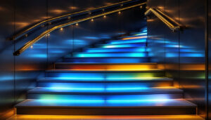 A photograph of a beautifully illuminated staircase showcasing various lighting styles and fixtures