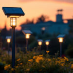 A photograph of a beautifully lit outdoor setting featuring solar lights installed on various posts