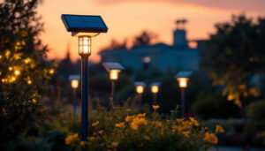 A photograph of a beautifully lit outdoor setting featuring solar lights installed on various posts
