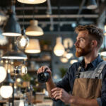 A photograph of a lighting contractor examining a variety of stylish and energy-efficient light fixtures in a well-lit showroom