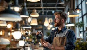 A photograph of a lighting contractor examining a variety of stylish and energy-efficient light fixtures in a well-lit showroom