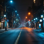 A photograph of capture a photograph of a well-lit urban street scene showcasing sodium lights in action alongside alternative lighting options