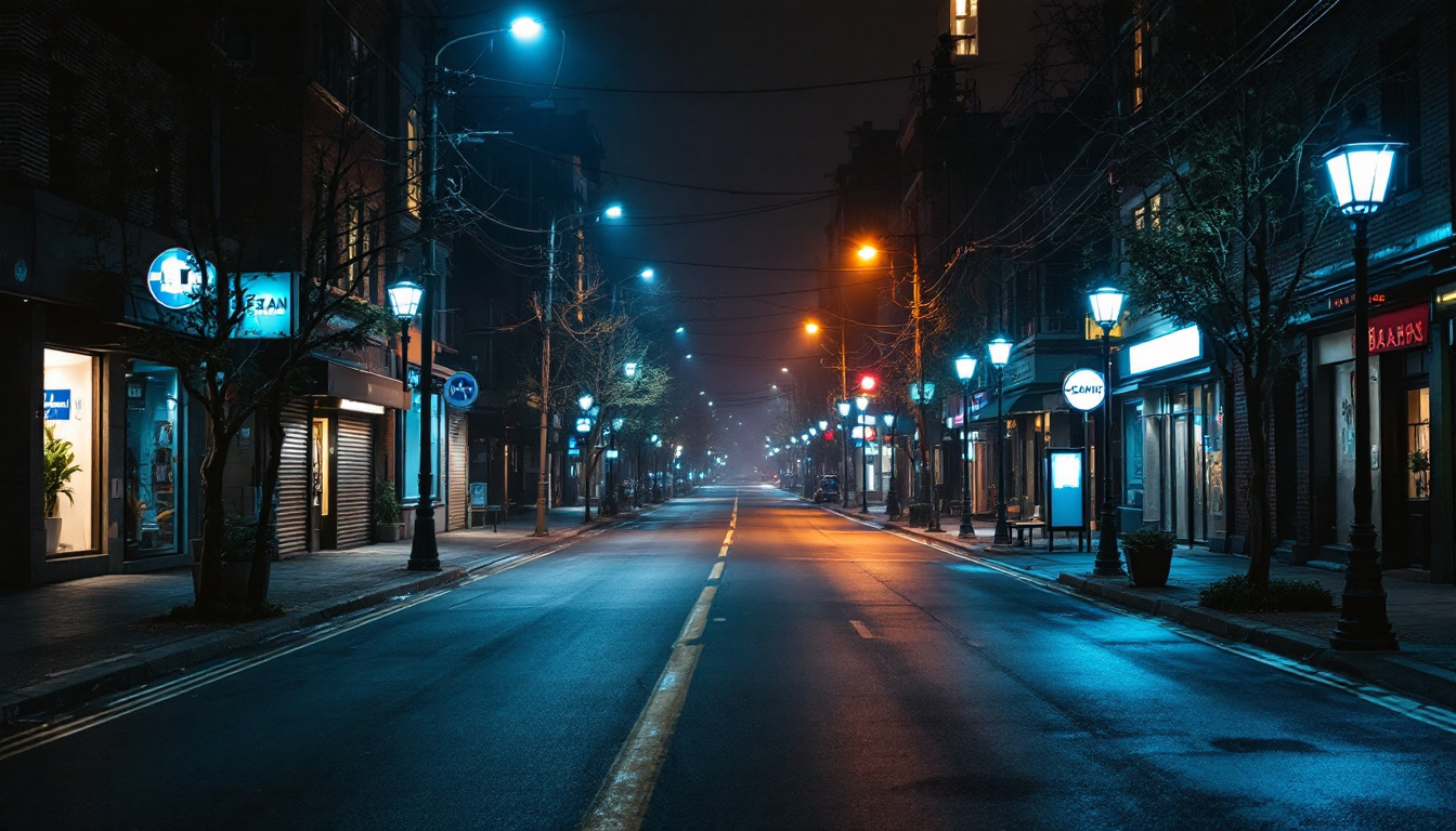 A photograph of capture a photograph of a well-lit urban street scene showcasing sodium lights in action alongside alternative lighting options
