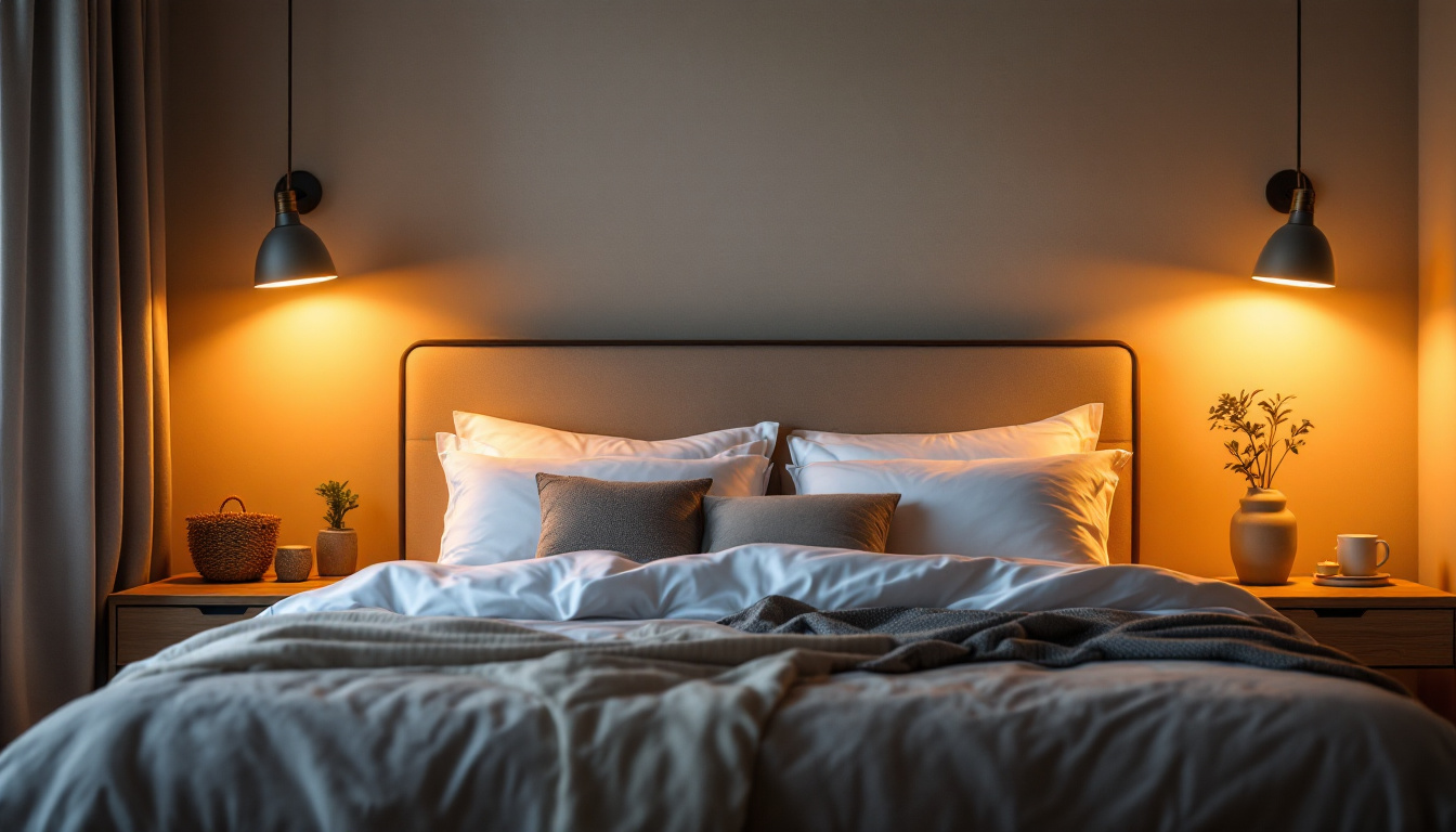 A photograph of a beautifully designed bedroom featuring modern pot lights