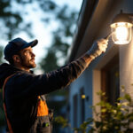 A photograph of a lighting contractor installing a sleek