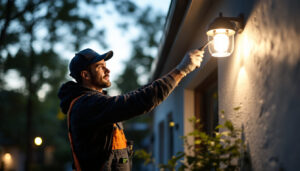 A photograph of a lighting contractor installing a sleek