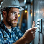 A photograph of a lighting contractor examining a 4 pole switch in a well-lit workspace