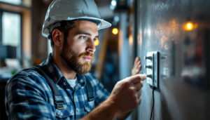 A photograph of a lighting contractor examining a 4 pole switch in a well-lit workspace