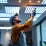 A photograph of a skilled lighting contractor installing led light covers in a modern residential or commercial space