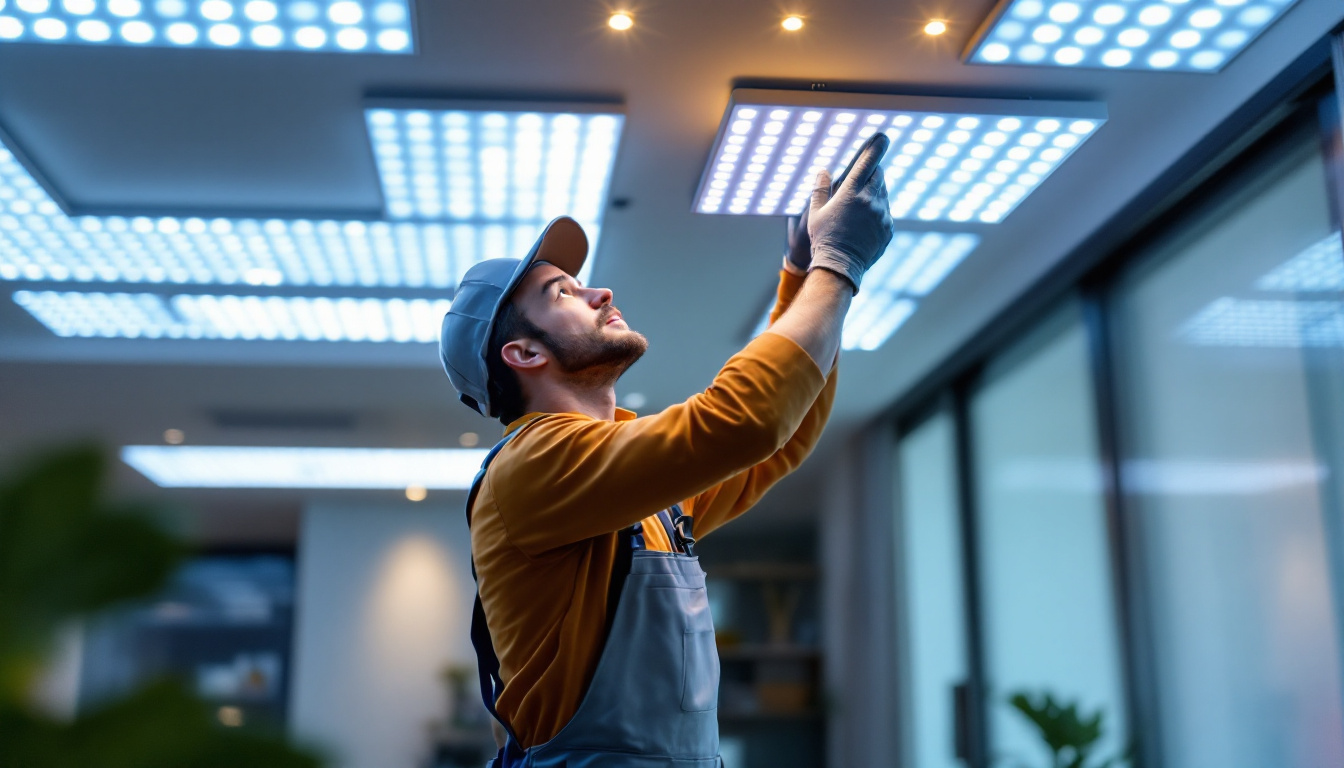 A photograph of a skilled lighting contractor installing led light covers in a modern residential or commercial space