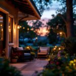 A photograph of a beautifully lit porch featuring a variety of stylish outdoor lamps in use during twilight