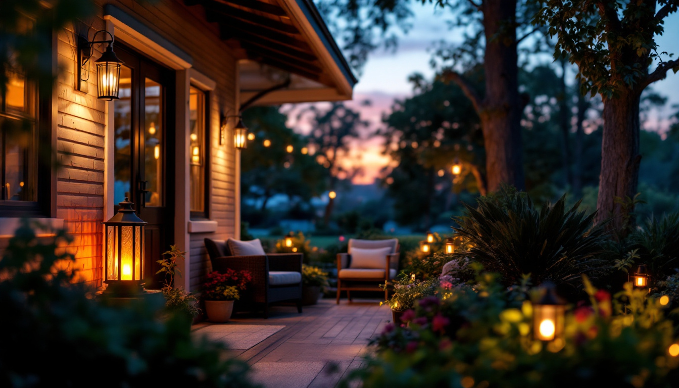 A photograph of a beautifully lit porch featuring a variety of stylish outdoor lamps in use during twilight