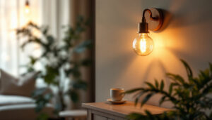 A photograph of a beautifully designed sconce lamp illuminating a cozy interior space