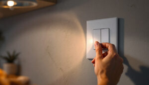 A photograph of a skilled lighting contractor installing a combination light and fan switch in a modern home setting