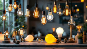 A photograph of a beautifully arranged display of various light bulb designs and styles