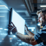 A photograph of a lighting contractor installing led lighting panels in a modern commercial space