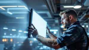 A photograph of a lighting contractor installing led lighting panels in a modern commercial space