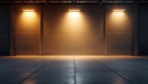 A photograph of a well-lit warehouse interior showcasing various lighting installations