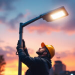 A photograph of a lighting contractor installing or adjusting a sleek led street light in an urban setting during twilight