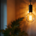 A photograph of a stylish modern hanging light fixture elegantly installed in a contemporary living space