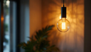 A photograph of a stylish modern hanging light fixture elegantly installed in a contemporary living space