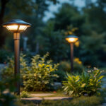 A photograph of a beautifully designed outdoor solar power led squirrel lamp post in a well-lit garden setting