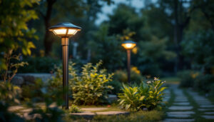 A photograph of a beautifully designed outdoor solar power led squirrel lamp post in a well-lit garden setting
