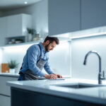 A photograph of a beautifully designed kitchen featuring under counter led lights illuminating the workspace