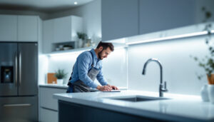 A photograph of a beautifully designed kitchen featuring under counter led lights illuminating the workspace