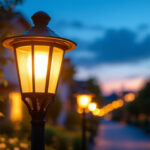 A photograph of a well-lit outdoor lamp post in a residential or commercial setting