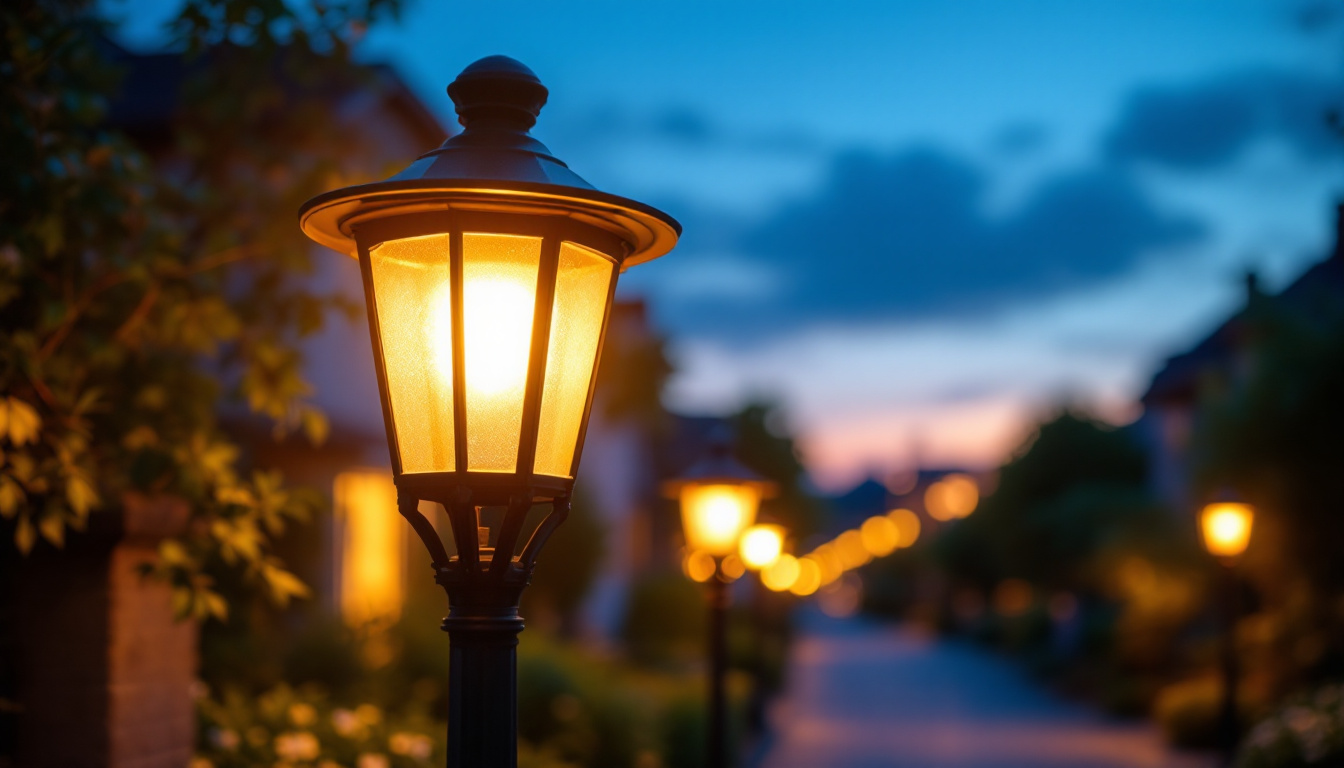 A photograph of a well-lit outdoor lamp post in a residential or commercial setting
