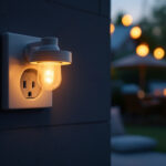 A photograph of a beautifully lit outdoor socket light illuminating a cozy patio or garden setting at dusk